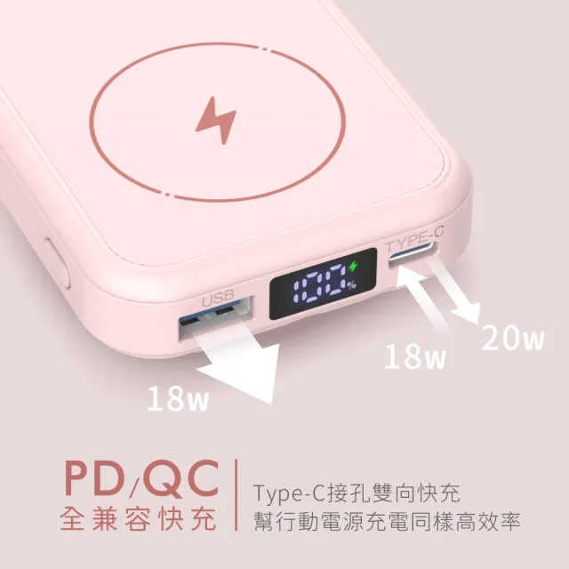 【KINYO】WH標示 5000mAh 20W快充 小全能自帶線磁吸行動電源(KPB-2513 Type-C/蘋果/無線充/支架)