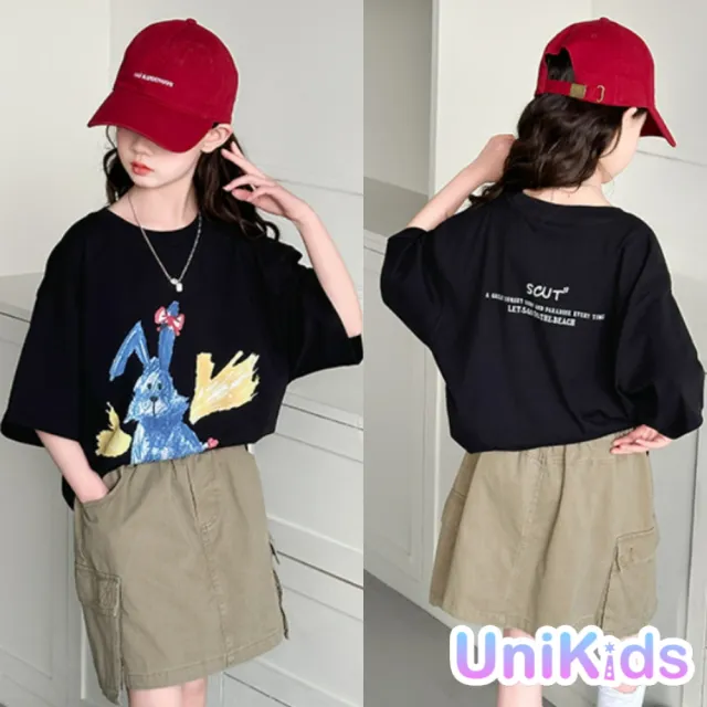 【UniKids】中大童裝短袖T恤 童趣飛飛狗上衣 女大童裝 CV2007(黑T恤)