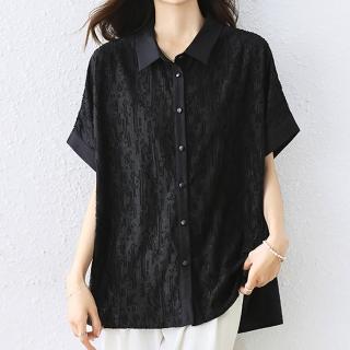 【麗質達人】3359黑色開釦翻領上衣-LY(L-5XL)