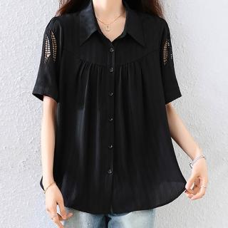 【麗質達人】8541黑色開釦翻領上衣-LY(L-5XL)