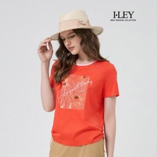【ILEY 伊蕾】撞色圓領刺繡印花純棉上衣(桔；M-XL；1252341201)