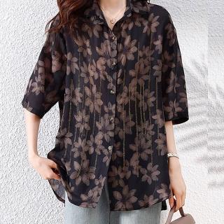 【麗質達人】8401黑色印花翻領上衣-LY(L-5XL)