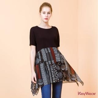 【KeyWear 奇威名品】輕薄拼接幾何印花五分袖上衣