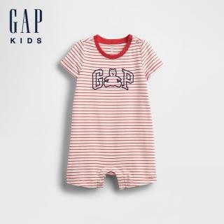 【GAP】嬰兒裝 Logo純棉小熊刺繡圓領短袖包屁衣/連身衣 熊抱Logo系列-紅色條紋(781057)