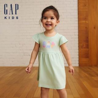 【GAP】女幼童裝 Logo純棉刺繡/印花圓領短袖洋裝-薄荷綠(776629)