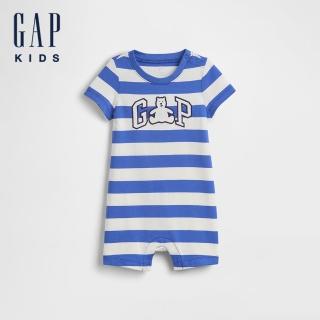 【GAP】嬰兒裝 Logo純棉小熊刺繡圓領短袖包屁衣/連身衣 熊抱Logo系列-藍色條紋(781057)