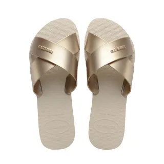 【havaianas 哈瓦仕】拖鞋 女鞋 涼鞋 復古 羅馬 交叉鞋帶 Aqua Metallic 米白 4148866-0121W(哈瓦士)