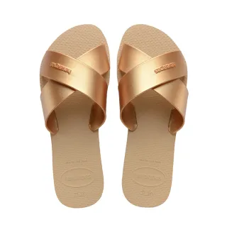 【havaianas 哈瓦仕】拖鞋 女鞋 涼鞋 復古 羅馬 交叉鞋帶 Aqua Metallic 金 4148866-0570W(哈瓦士)