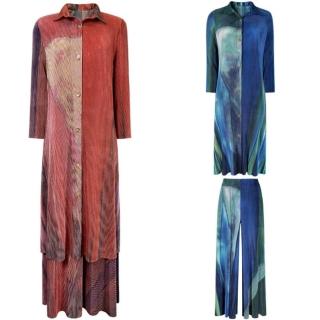 【米蘭精品】現貨+預購 三宅風皺褶衣服套裝女長袖上衣長褲摺衣彈力女裝顯瘦折衣大碼(長版2色74cg61)