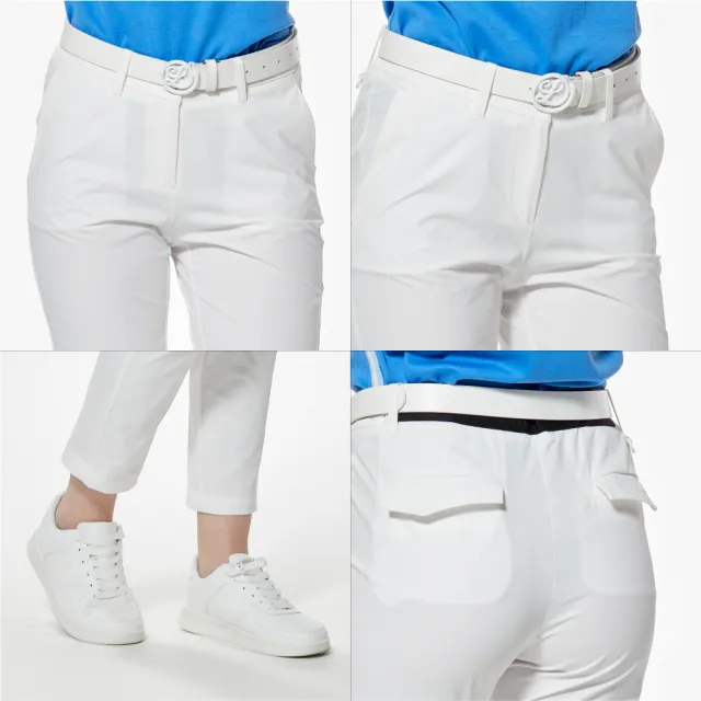 【Lynx Golf】女款彈性舒適極簡風格LOGO壓紋織帶剪接俏皮袋蓋矽膠標造型窄管九分褲(二色)