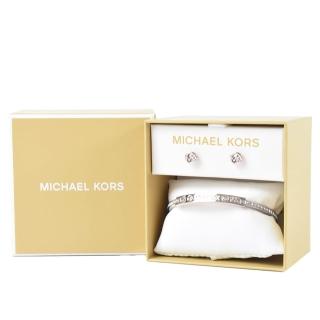 【Michael Kors】密鑲LOGO晶鑽耳環/手環禮盒-銀色