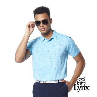 【Lynx Golf】男款吸溼排汗機能滿版海洋風船錨造型Lynx字樣繡花短袖POLO衫/高爾夫球衫(淺藍色)