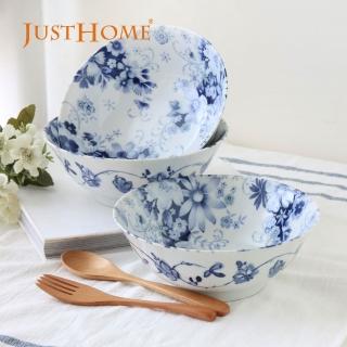 【Just Home】日本製羽葉菊陶瓷7.5吋麵碗3件組(可微波 1000mL 麵碗 丼飯碗 湯碗 碗盤 泡麵碗)