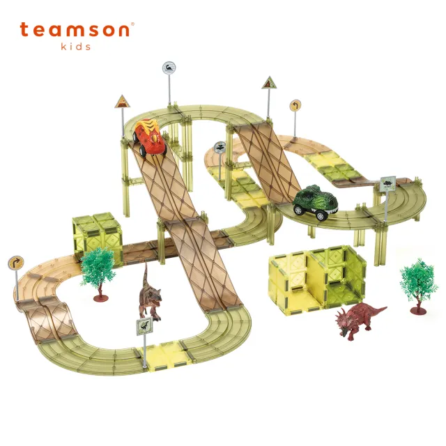 【Teamson】恐龍軌道車磁力片豪華組80psc(含恐龍電動車x2)