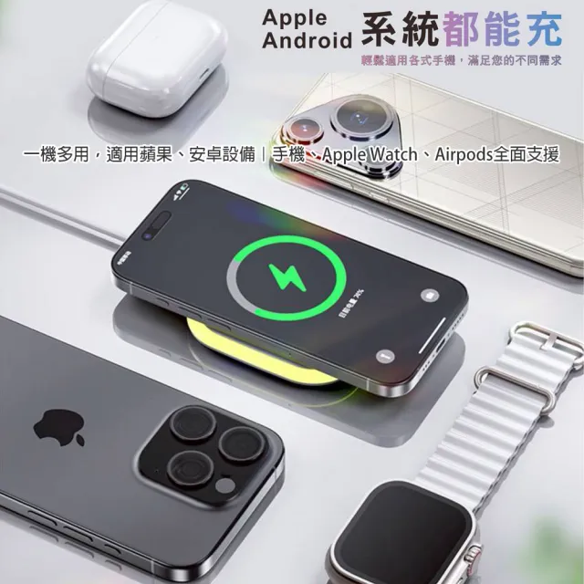 【KooPin】台灣製造 炫彩LED三用磁吸15W無線充電器/充電盤(夜燈/手機/Watch/Airpods)