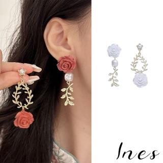 【INES】S925銀針耳環 珍珠耳環/韓國設計S925銀針不對稱浪漫氣質玫瑰珍珠耳環(2色任選)