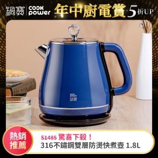 【CookPower 鍋寶】316不鏽鋼雙層防燙快煮壺1.8L-藍(KT-92182B)