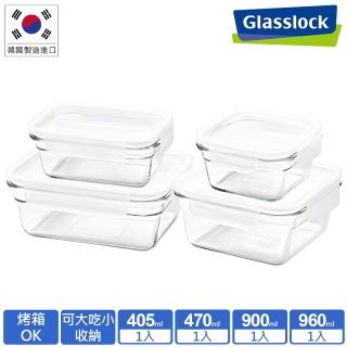 【Glasslock】強化玻璃微波烤箱兩用大視窗保鮮盒4件組