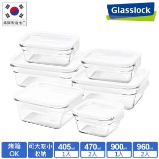 【Glasslock】強化玻璃微波烤箱兩用大視窗保鮮盒6件組