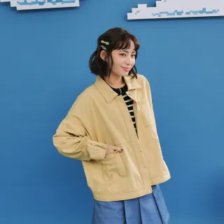 【Dailo】簡約感貓口袋配色壓線長袖外套(藍 綠 卡/魅力商品)