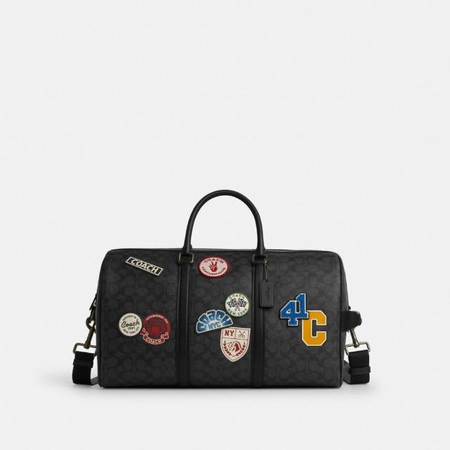 【COACH】蔻馳官方直營 VENTURER 經典 SIGNATURE 帆布與徽章旅行袋 旅行包 斜背包-炭黑色 混合色(CY829)