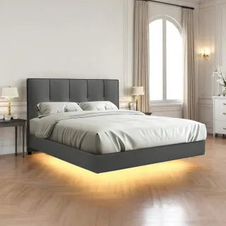 【A FACTORY 傢俱工場】韓式奶油風 雙大6尺 貓抓皮床頭片+燈帶懸浮床(床底/床座/床台-房間2件組)