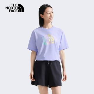 【The North Face 官方旗艦】北面男女款紫色吸濕排汗品牌印花短袖T恤｜8GZ40VI(排汗衫)