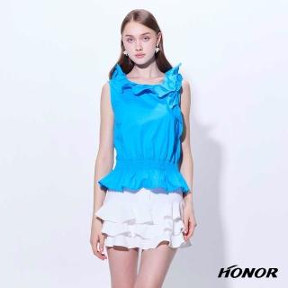 【HONOR 山形屋】荷葉領不對稱抓皺收腰無袖上衣-藍