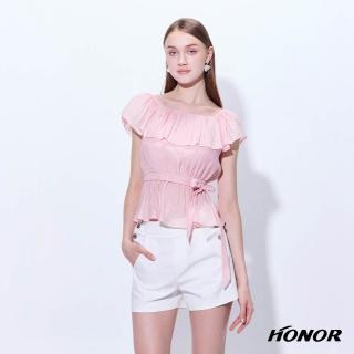 【HONOR 山形屋】甜美荷葉鬆緊領綁帶收腰上衣-粉