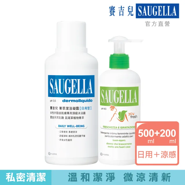 【SAUGELLA 賽吉兒】菁萃潔浴凝露_日用型 500ml+涼感型 200ml超值組(私密處清潔保養)