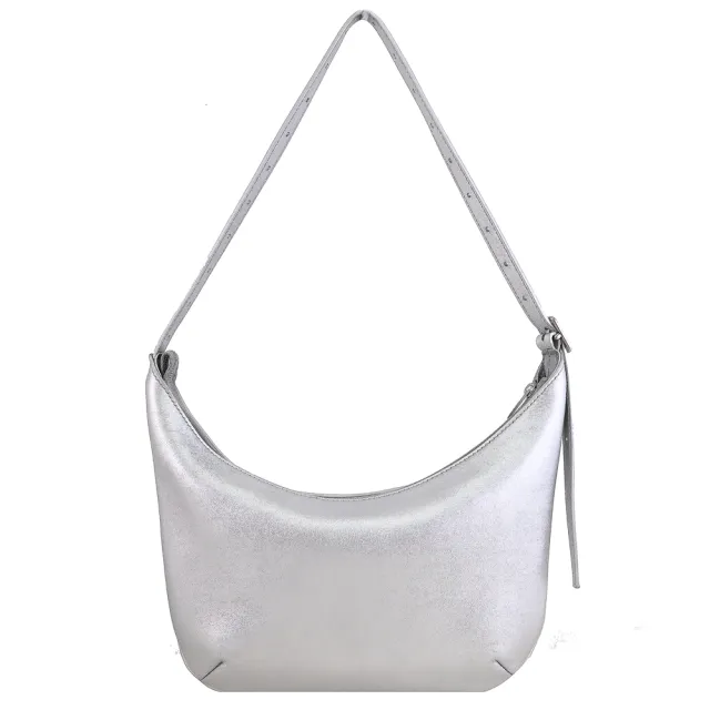 【Balenciaga 巴黎世家】MARY KATE 簡約LOGO柔軟牛皮手提包彎月包肩背包(銀)