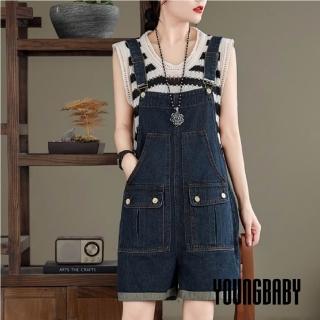 【YOUNGBABY】顯瘦立體口袋反折牛仔吊帶短褲 中大尺碼女裝