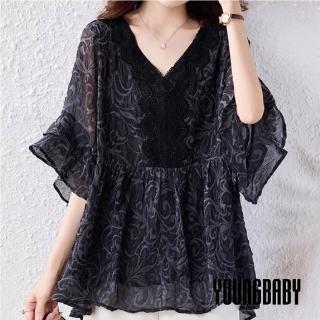 【YOUNGBABY】精緻蕾絲V領壓花雪紡荷葉袖上衣 中大尺碼女裝