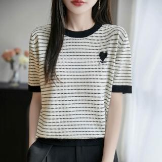 【ONEY 歐妮】★愛心刺繡條紋針織上衣(女上衣/短袖/百搭/針織衫)