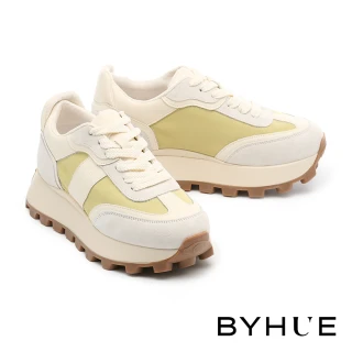 【BYHUE】日常百搭LOGO異材質綁帶軟芯厚底休閒鞋(綠)