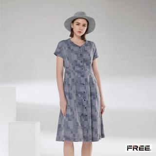 【FREE】INDIGO緹花前開襟短袖洋裝(灰藍)