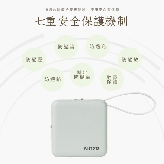 【KINYO】WH標示 10000mAh 10.5W 搖搖大方塊自帶線行動電源(KPB-2303 Type-C/蘋果)