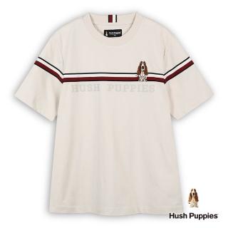 【Hush Puppies】男裝 上衣 經典配色織帶拼接刺繡狗上衣(淺卡其 / 53110203)