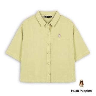 【Hush Puppies】女裝 襯衫 素色棉麻刺繡小狗短版襯衫(卡其 / 53212201)