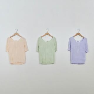 【CUMAR】氣質麻花後領口綁帶5分袖針織上衣(綠 杏 紫/魅力商品)