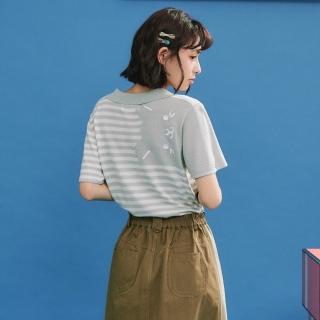 【Dailo】圓耳貓條紋翻領短袖針織上衣(藍 綠 灰)