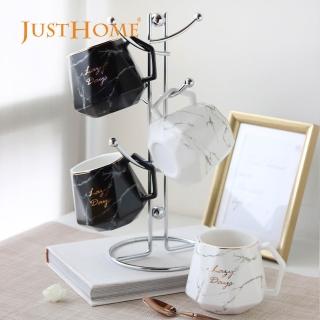【Just Home】粹金大理石紋陶瓷馬克杯4入組附收納架(360ml 馬克杯 水杯 咖啡杯)