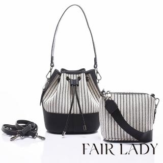 【FAIR LADY】輕旅袋著走 商務系列｜織紋皮革拼接三用束口水桶包(黑、9A0031)