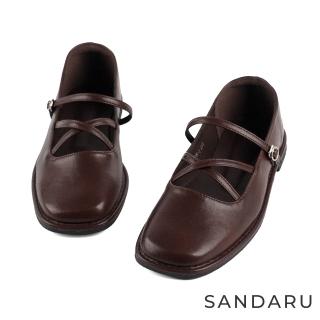 【SANDARU 山打努】瑪莉珍 復古方頭交叉繫帶平底鞋(咖啡)
