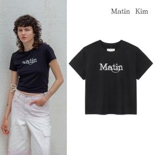 【MATIN KIM】官方旗艦 女版 車縫LOGO細節短版短袖上衣 女短袖(黑色)