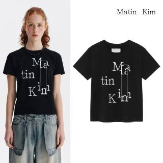 【MATIN KIM】官方旗艦 女版 拼接LOGO短版短袖上衣 女短袖(黑色)