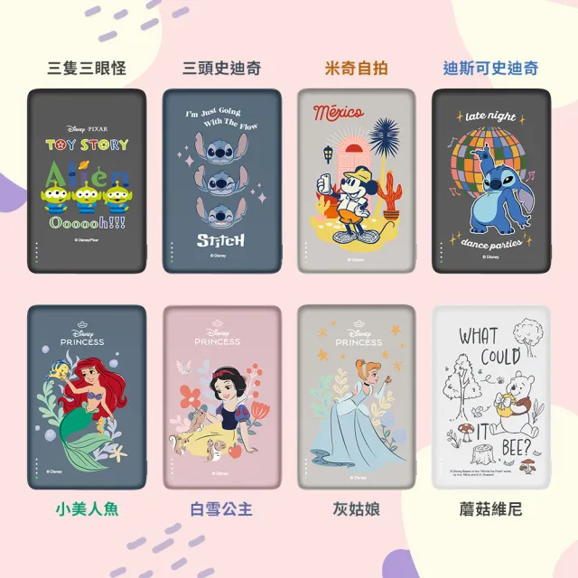 【Disney 迪士尼】20W 超薄磁吸無線充行動電源 5000mAh/P-159(米奇/三眼怪/維尼/小美人魚/灰姑娘/白雪公主)