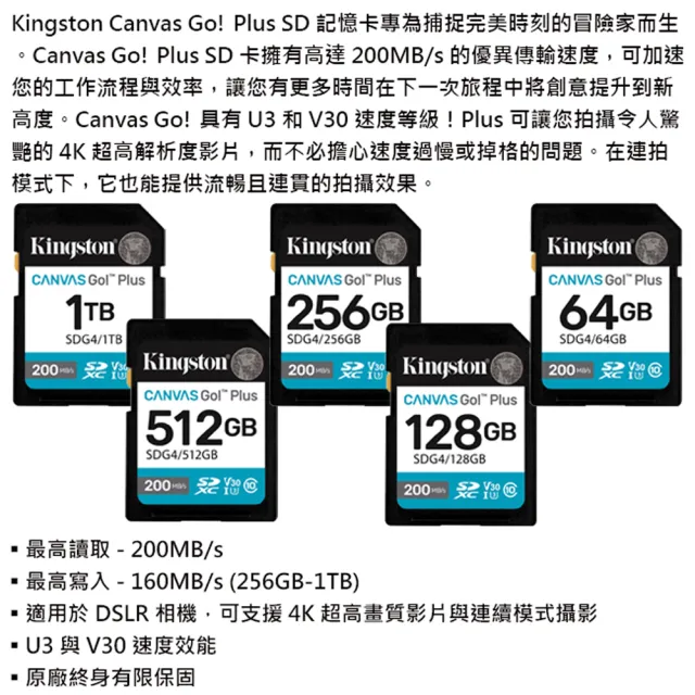【Kingston 金士頓】256GB SDXC SD UHS-I U3 V30 A2 記憶卡(SDG4/256GB 平輸)