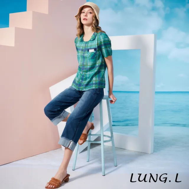 【LUNG.L 林佳樺】LS46A 藍綠色格紋小披領短袖棉質女裝上衣(春夏新品)