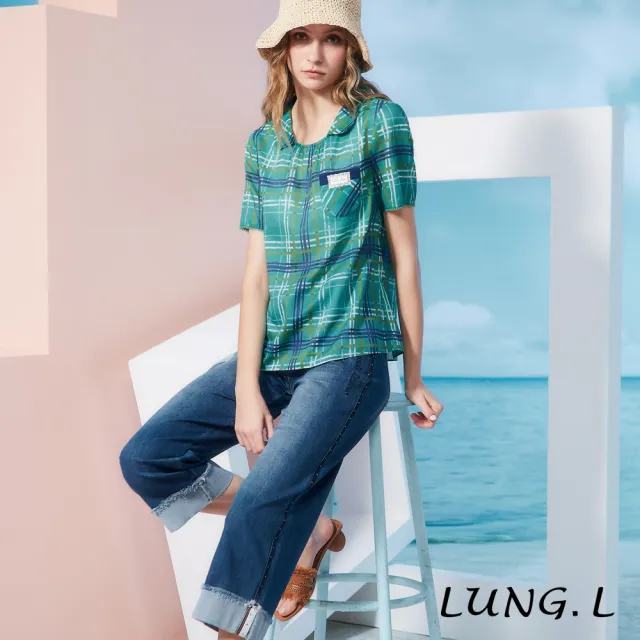 【LUNG.L 林佳樺】LS46A 藍綠色格紋小披領短袖棉質女裝上衣(春夏新品)